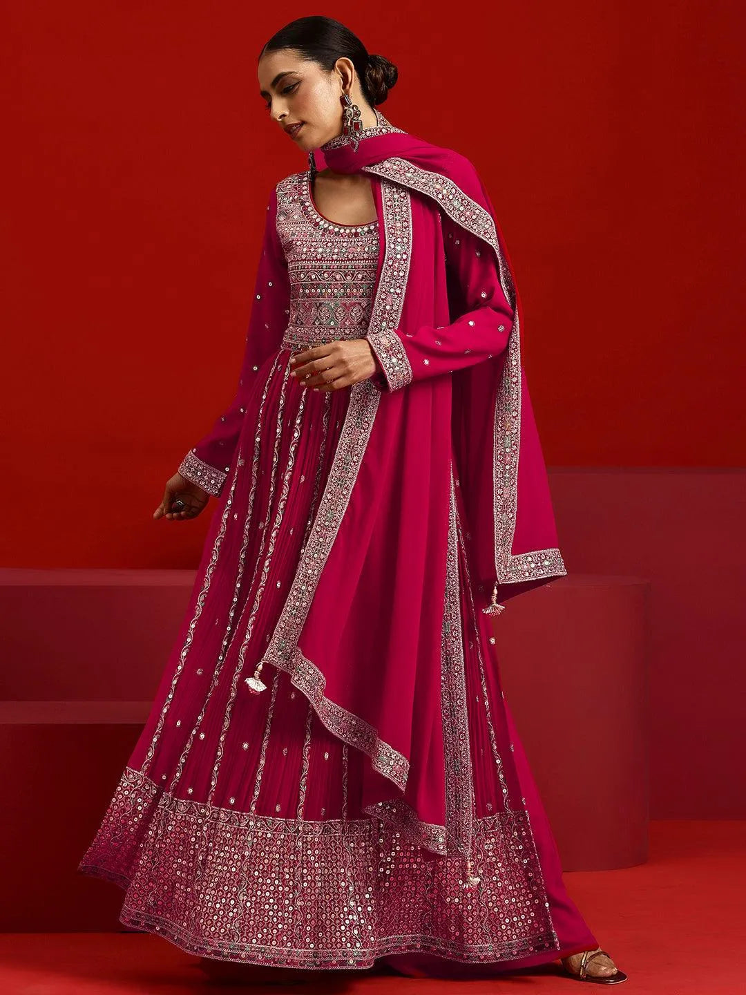 Libas Art Hot Pink Embroidered Georgette A-Line Kurta With Palazzos & Dupatta - Libas 