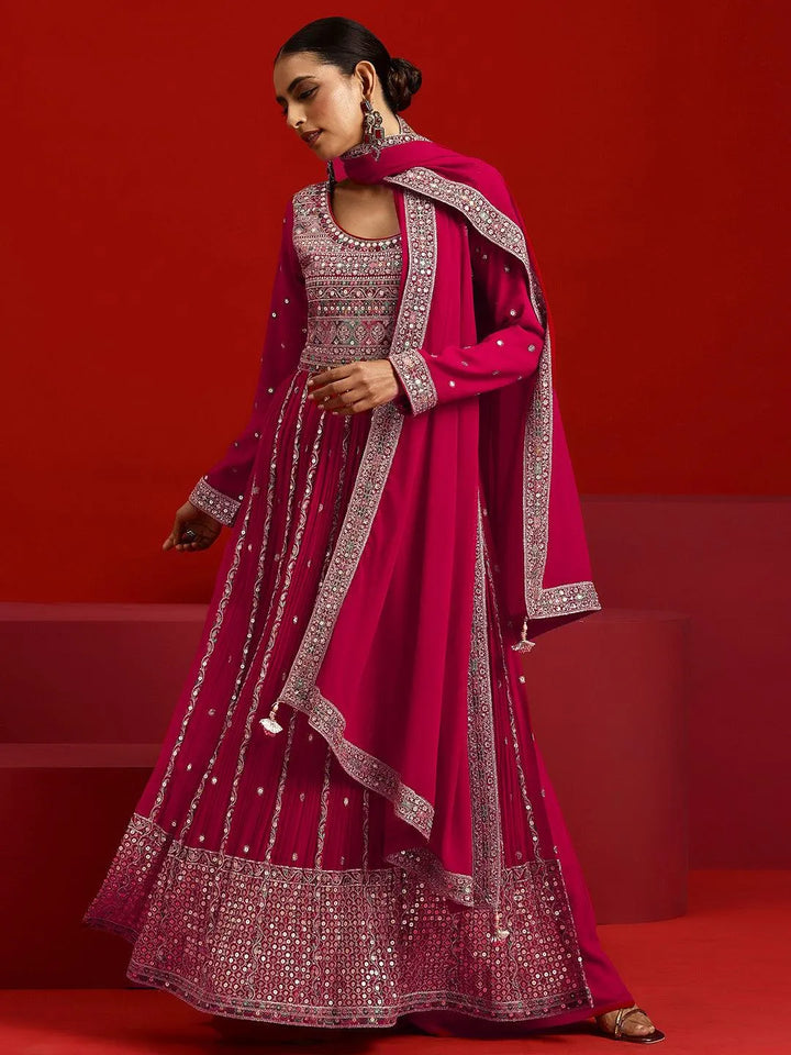 Libas Art Hot Pink Embroidered Georgette A-Line Kurta With Palazzos & Dupatta - Libas