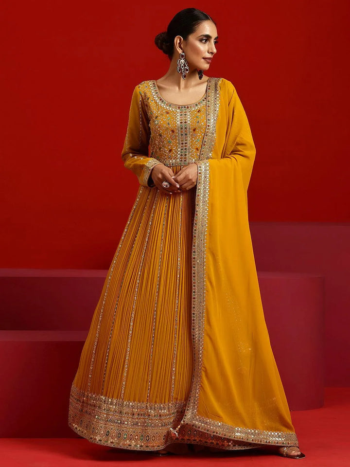Libas Art Amber Embroidered Georgette A-Line Kurta With Palazzos & Dupatta - Libas