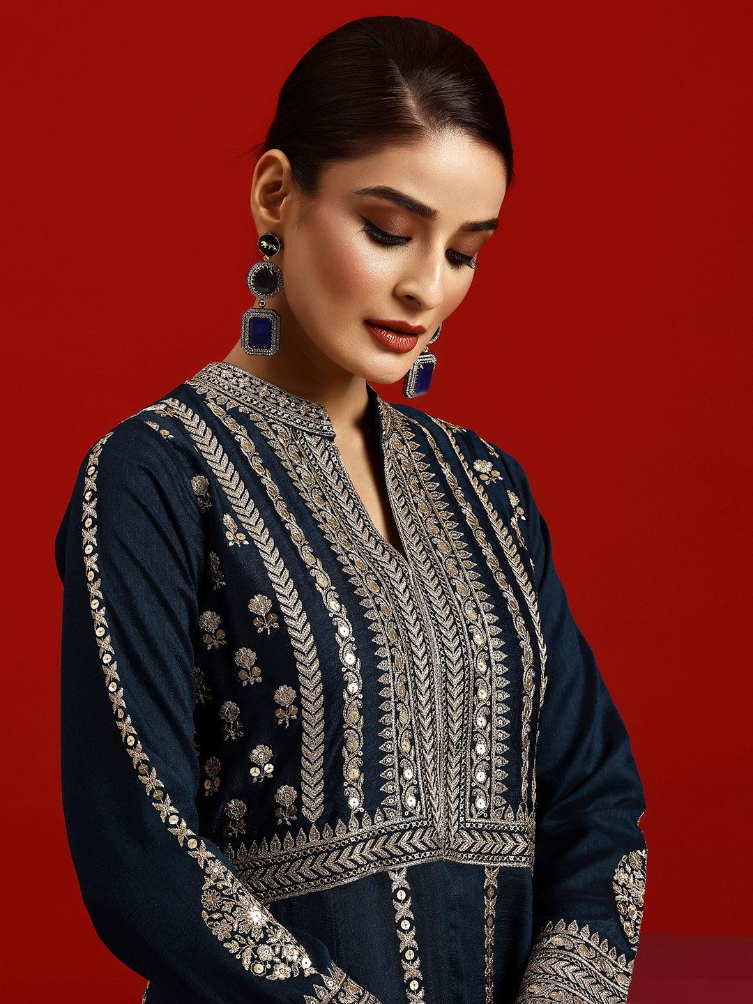 Libas Art Navy Embroidered Georgette A-Line Kurta With Trousers & Dupatta - Libas