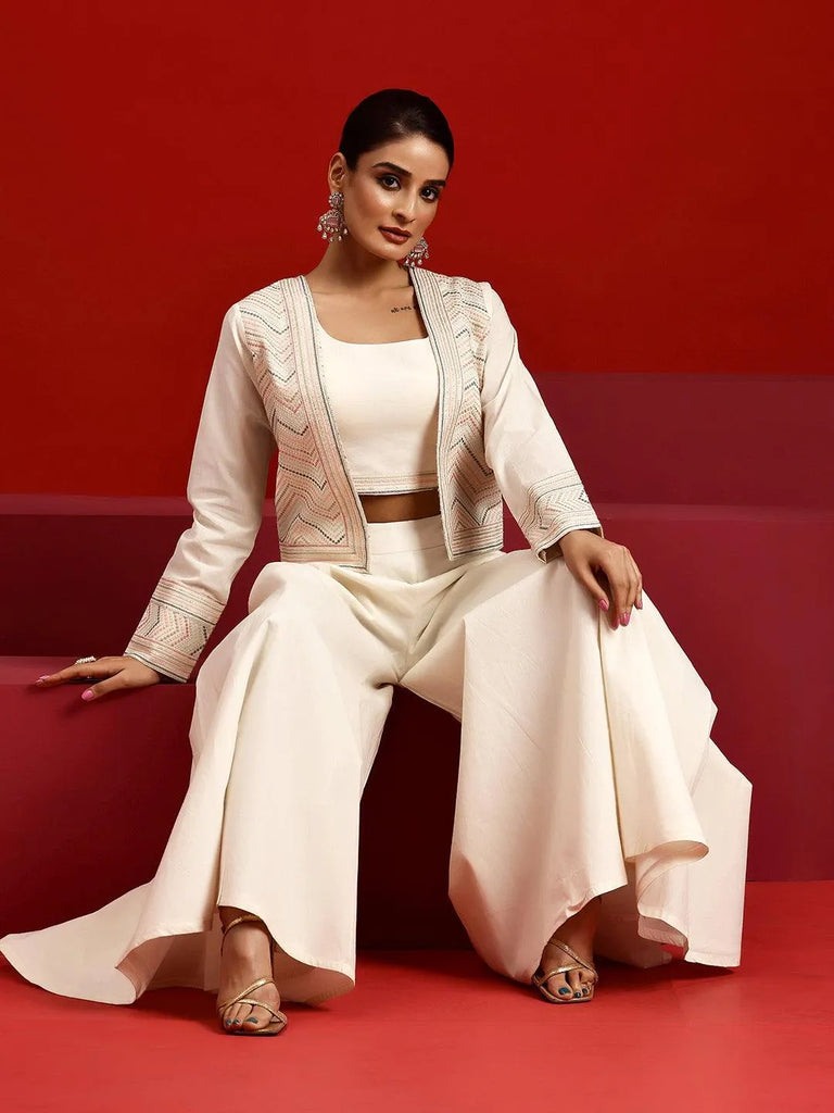 Libas Off White Solid Cotton 3 Piece Co-Ords