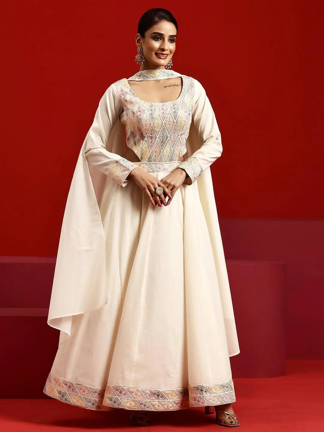 Libas Art Off White Embroidered Cotton Anarkali Suit With Dupatta - Libas 