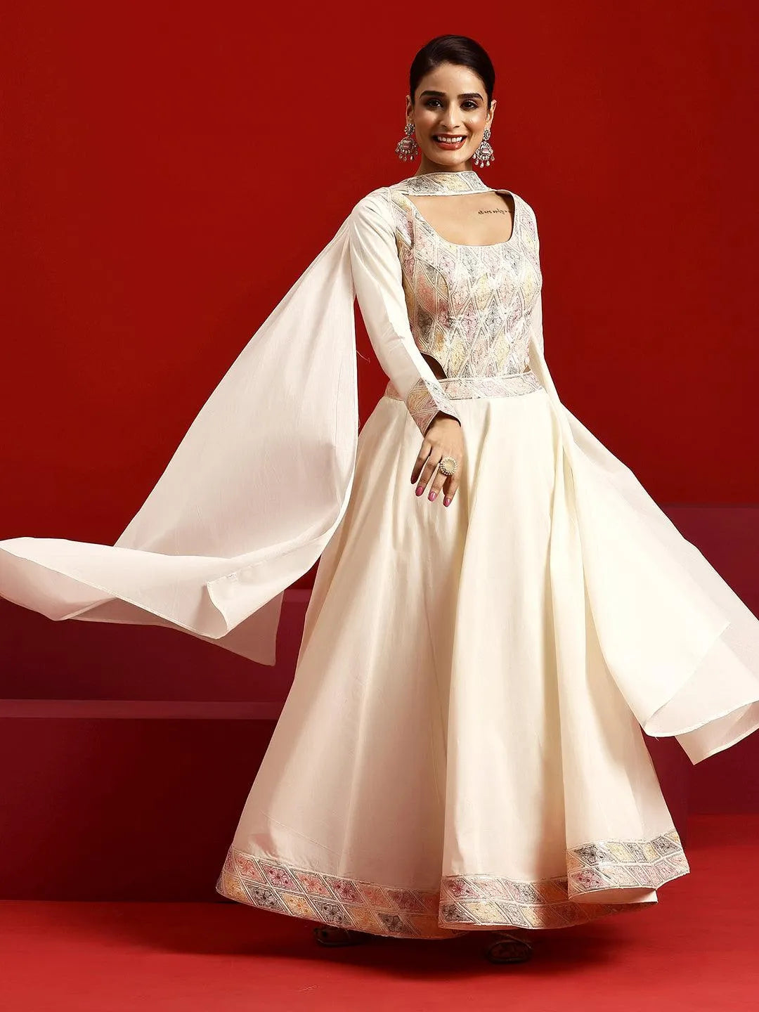 Buy Libas Art Off White Embroidered Cotton Anarkali Suit With Dupatta ...