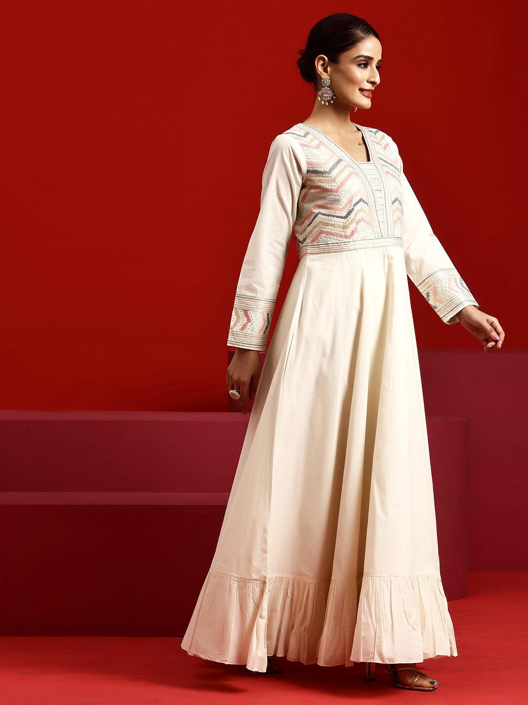 Libas Art Off White Embroidered Cotton A-Line Kurta With Trousers & Dupatta - Libas