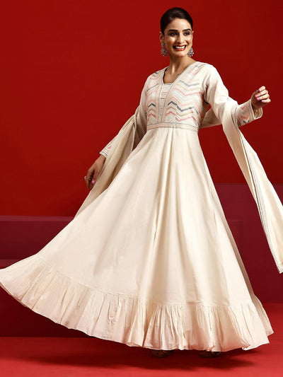 Libas Art Off White Embroidered Cotton A-Line Kurta With Trousers & Dupatta - Libas