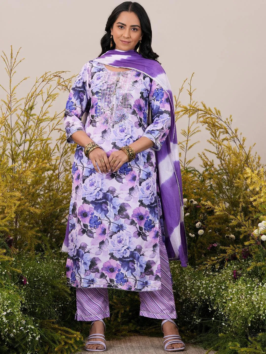 Lavender Printed Cotton Straight Suit Set With Dupatta