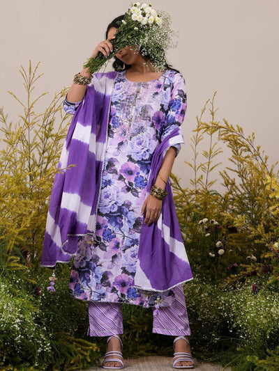 Lavender Printed Cotton Straight Suit With Dupatta - Libas