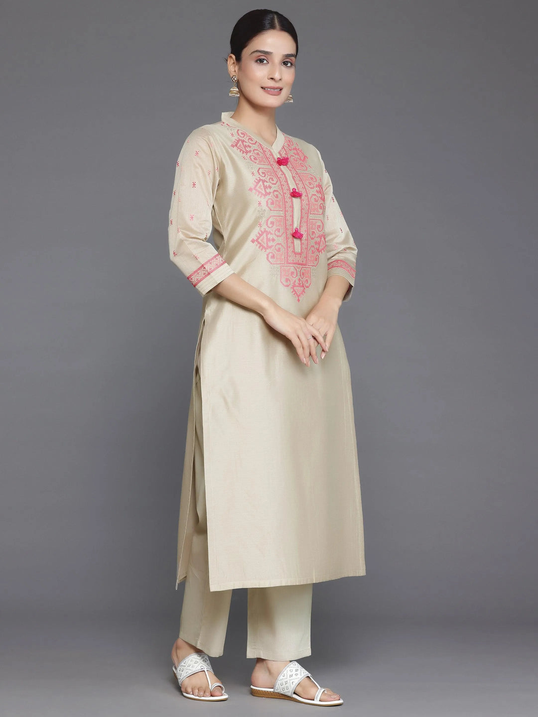 Beige Yoke Design Chanderi Silk Straight Suit With Dupatta - Libas 