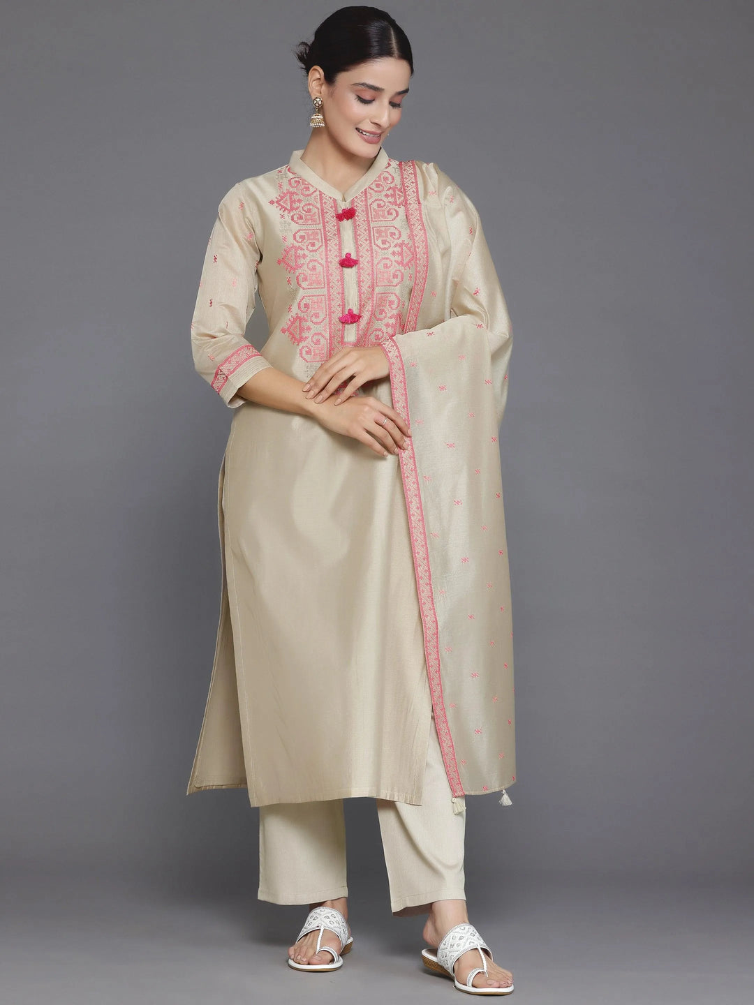 Beige Yoke Design Chanderi Silk Straight Suit With Dupatta - Libas 