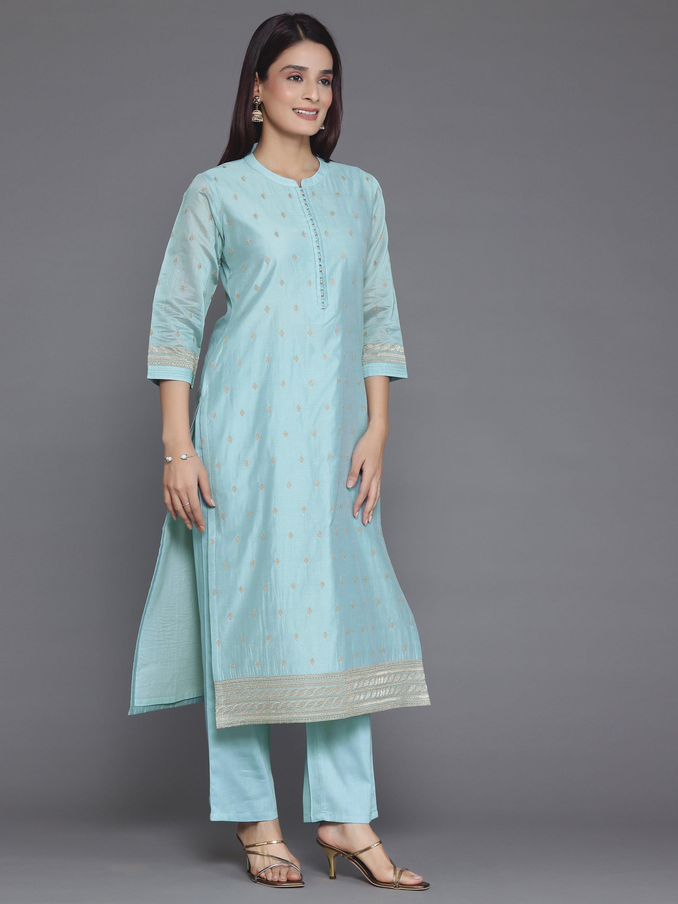 Blue Embroidered Chanderi Silk Straight Suit With Dupatta