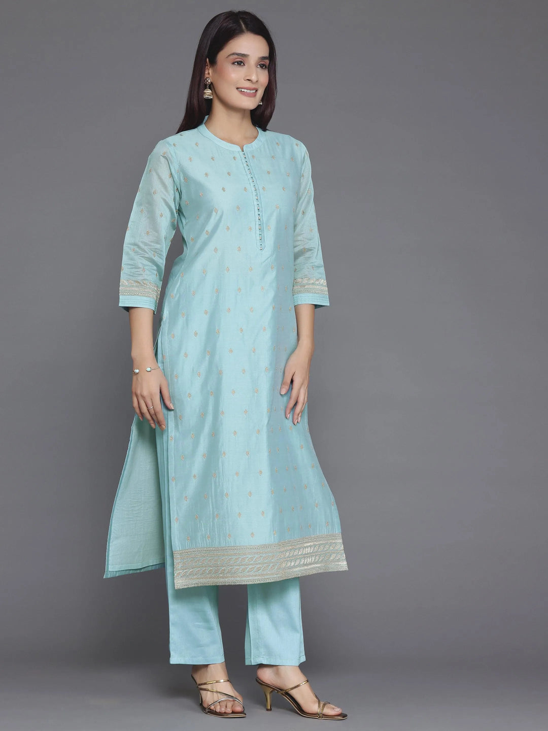 Blue Embroidered Chanderi Silk Straight Suit With Dupatta - Libas