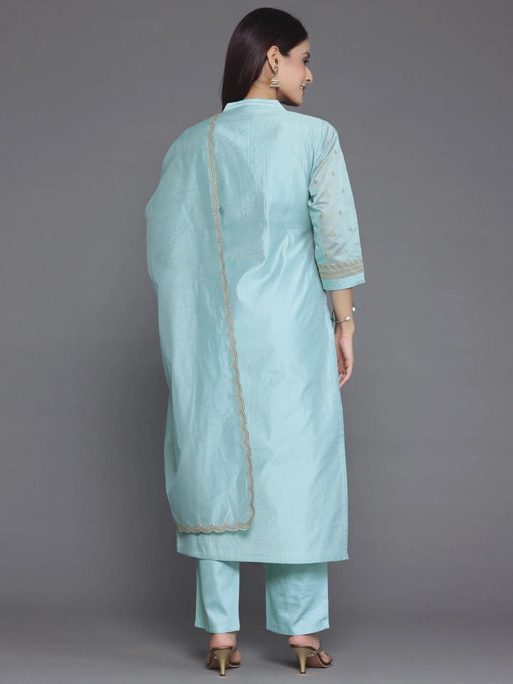 Blue Embroidered Chanderi Silk Straight Suit With Dupatta - Libas