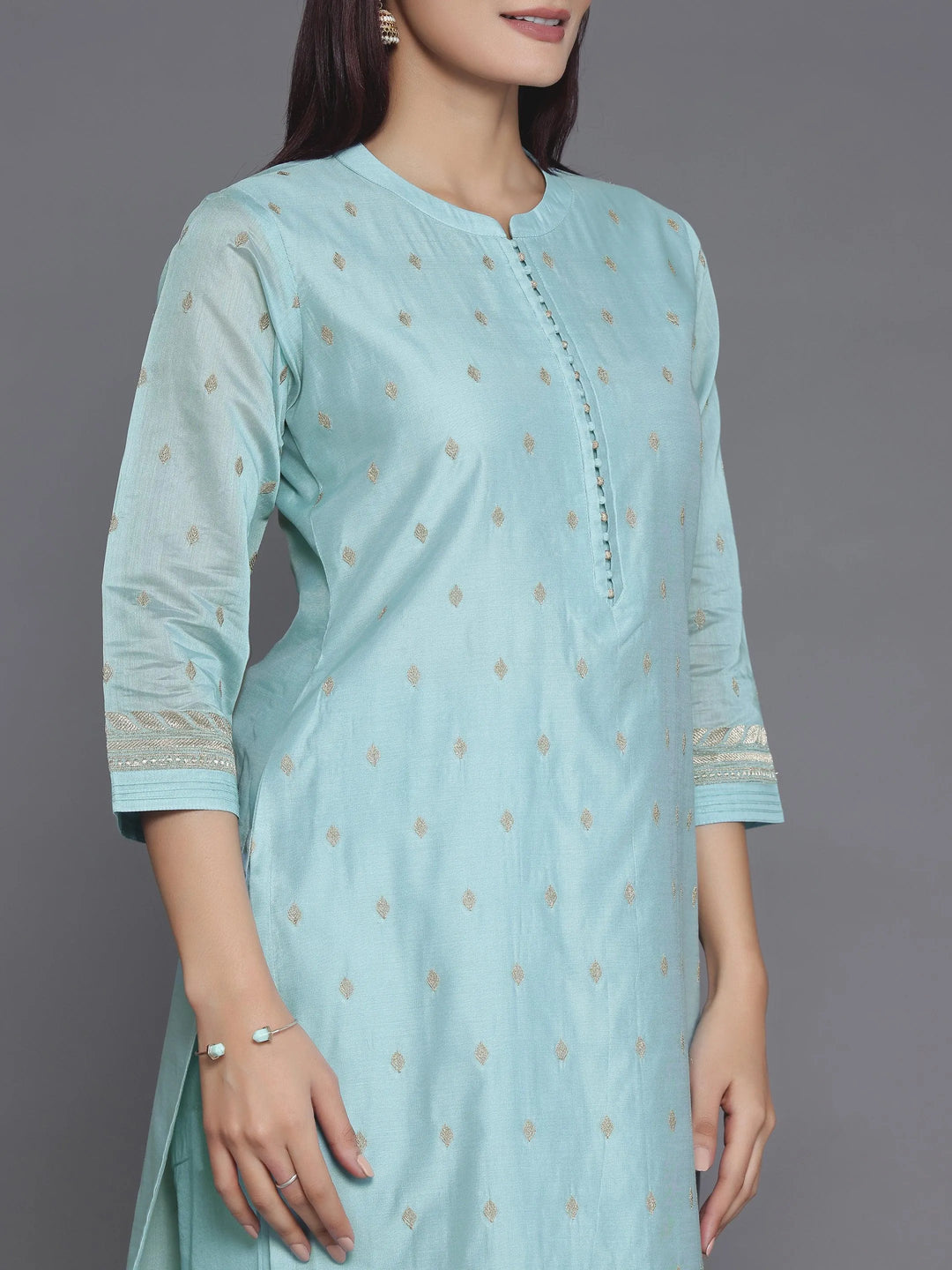 Blue Embroidered Chanderi Silk Straight Suit With Dupatta - Libas 
