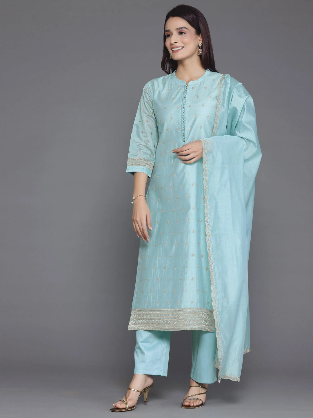 Blue Embroidered Chanderi Silk Straight Suit With Dupatta - Libas