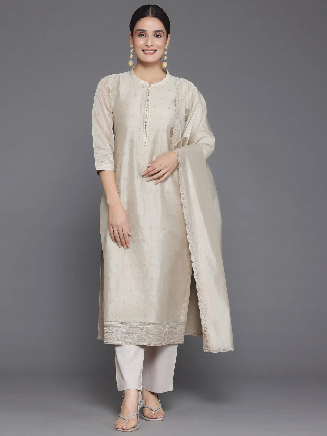Beige Embroidered Chanderi Silk Straight Suit With Dupatta - Libas 