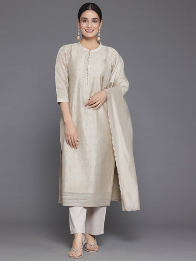 Beige Embroidered Chanderi Silk Straight Suit With Dupatta - Libas