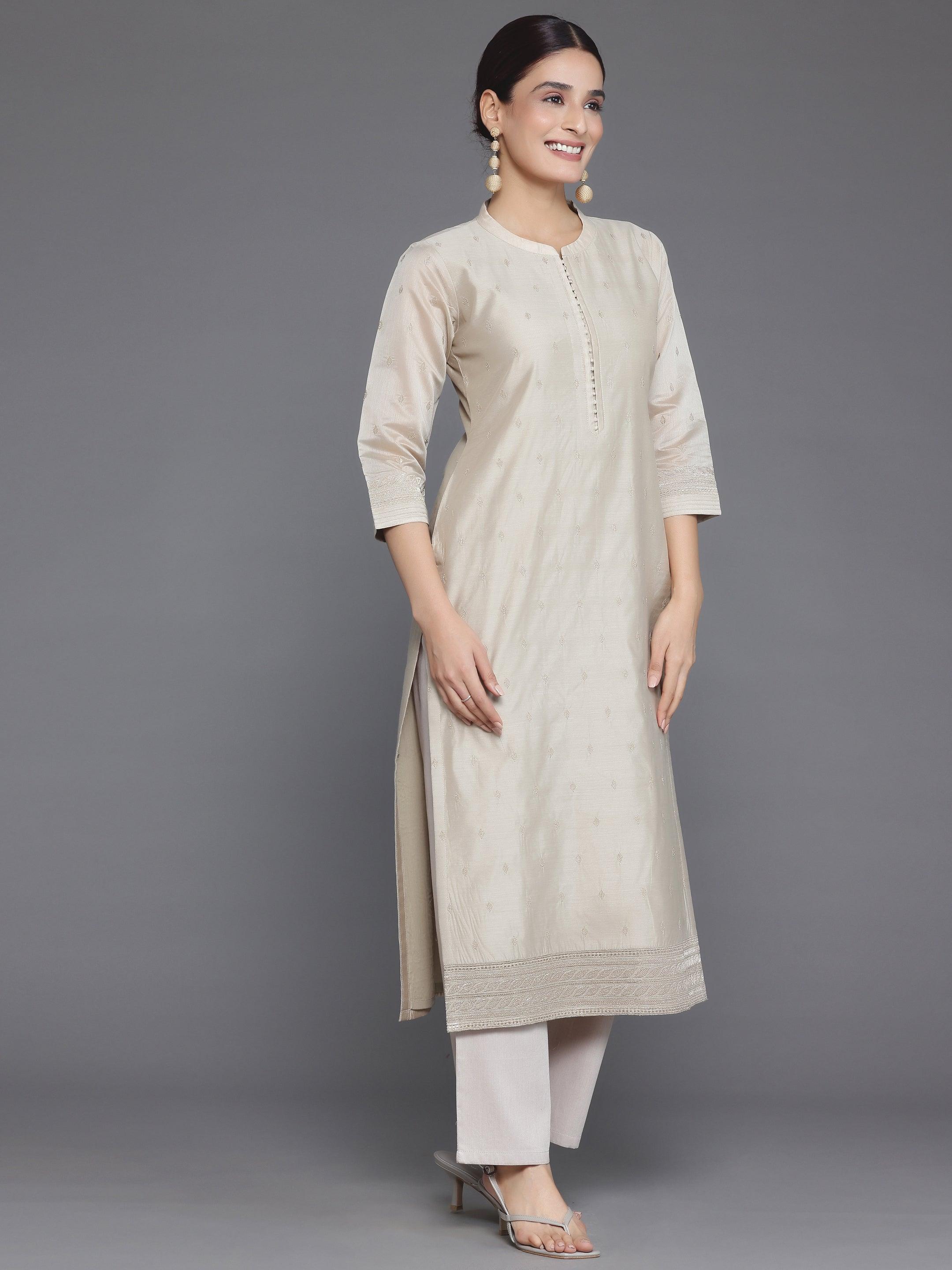 Beige Embroidered Chanderi Silk Straight Suit With Dupatta