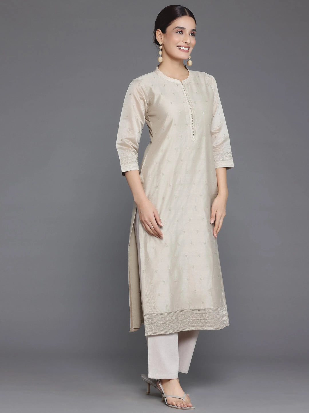 Beige Embroidered Chanderi Silk Straight Suit With Dupatta - Libas 