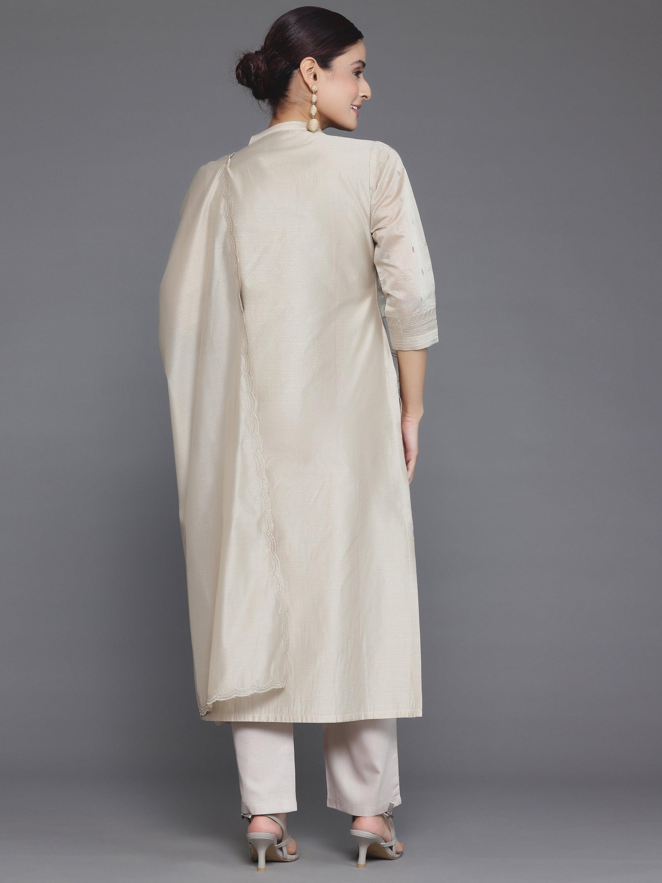 Beige Embroidered Chanderi Silk Straight Suit With Dupatta
