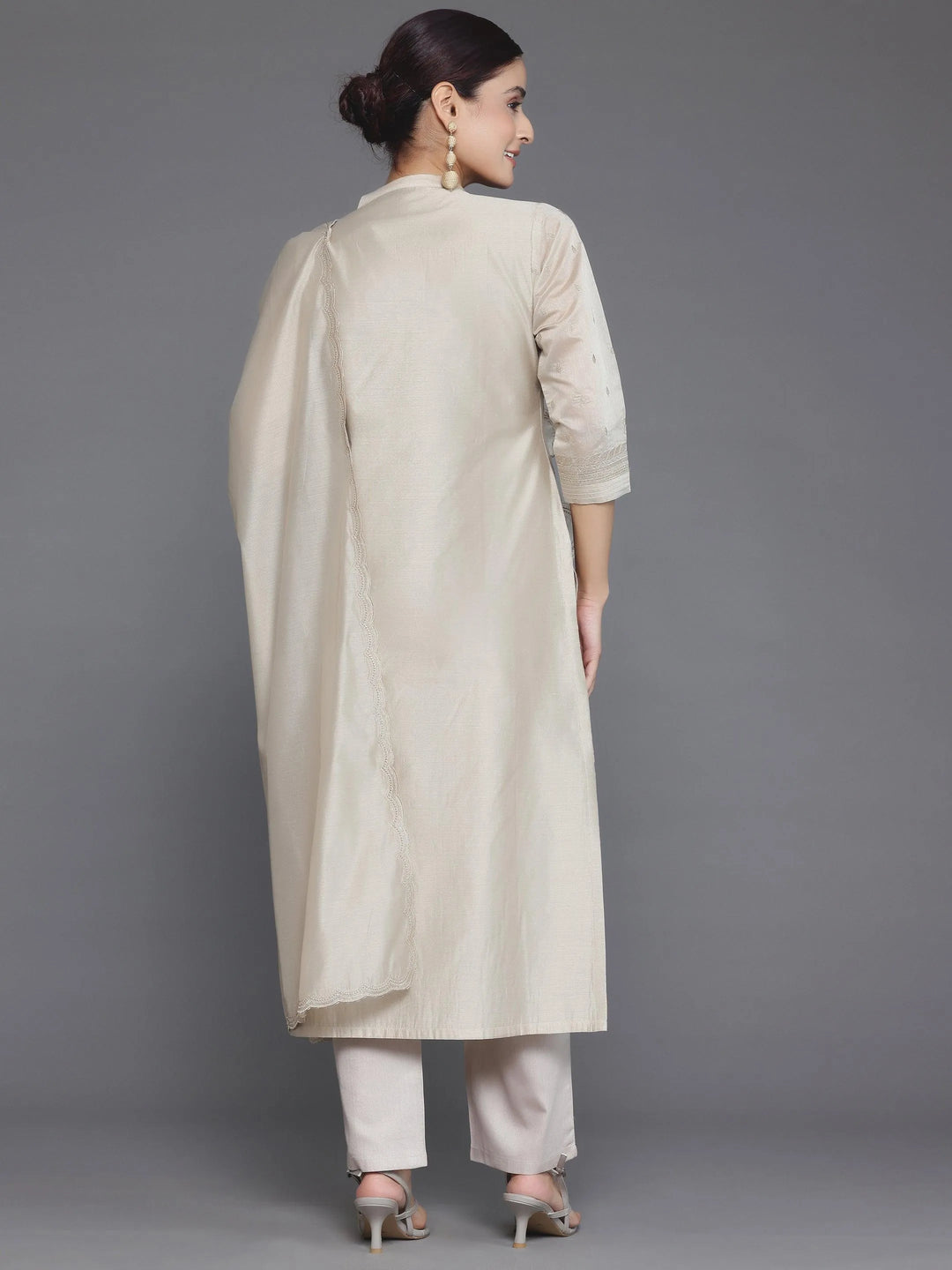 Beige Embroidered Chanderi Silk Straight Suit With Dupatta - Libas 