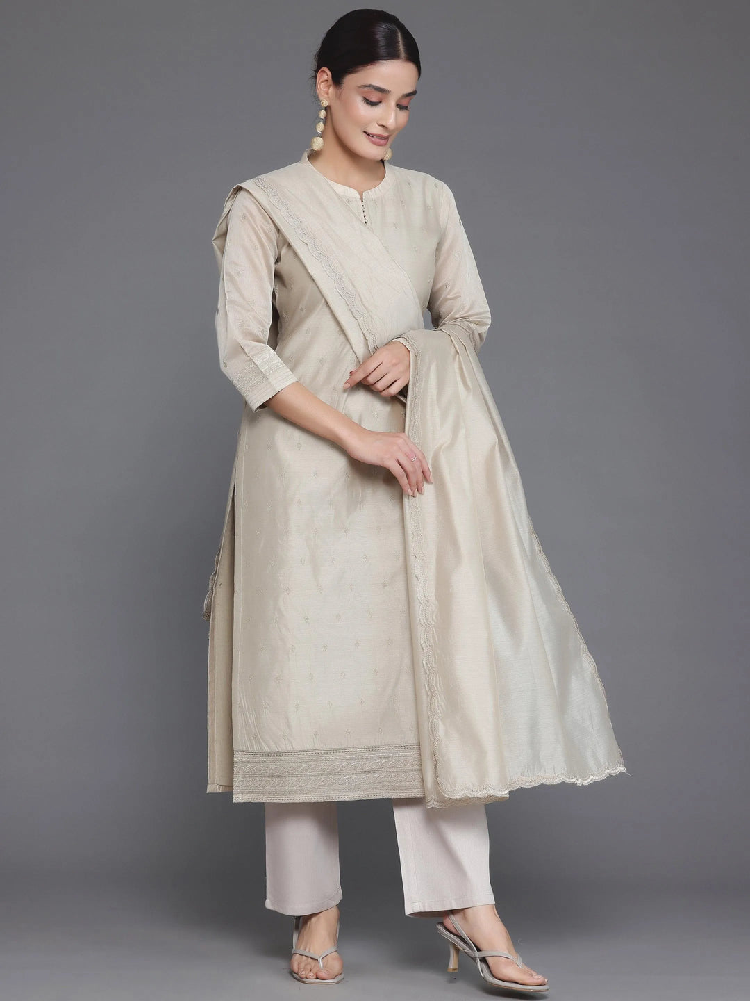 Beige Embroidered Chanderi Silk Straight Suit With Dupatta - Libas 