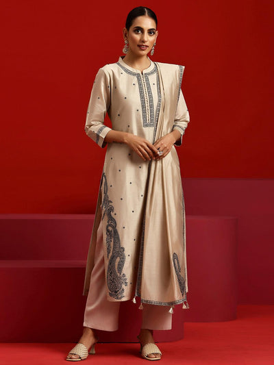 Libas Art Beige Embroidered Chanderi Silk Straight Suit With Dupatta - Libas