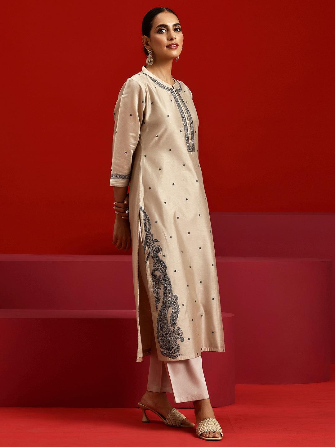 Libas Art Beige Embroidered Chanderi Silk Straight Suit With Dupatta