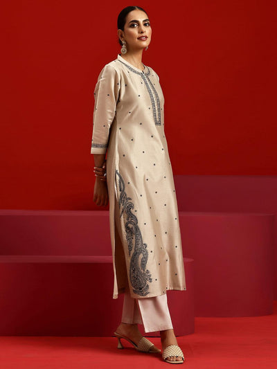 Libas Art Beige Embroidered Chanderi Silk Straight Suit With Dupatta - Libas