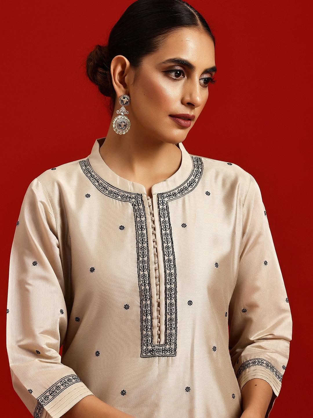 Libas Art Beige Embroidered Chanderi Silk Straight Suit With Dupatta