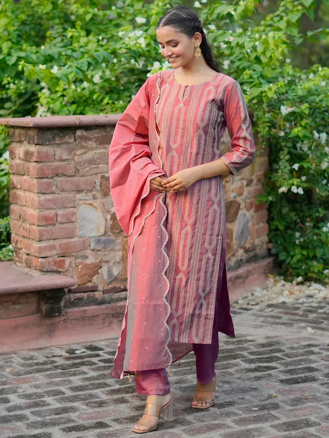  Libas Art Pink Embroidered Chanderi Silk Straight Suit With Dupatta 