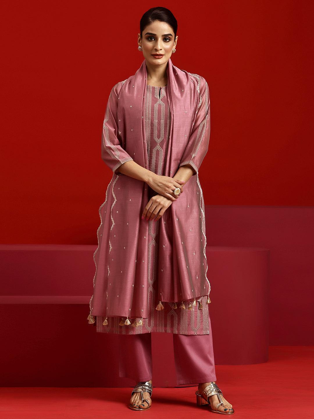 Libas Art Pink Embroidered Chanderi Silk Straight Suit With Dupatta - Libas
