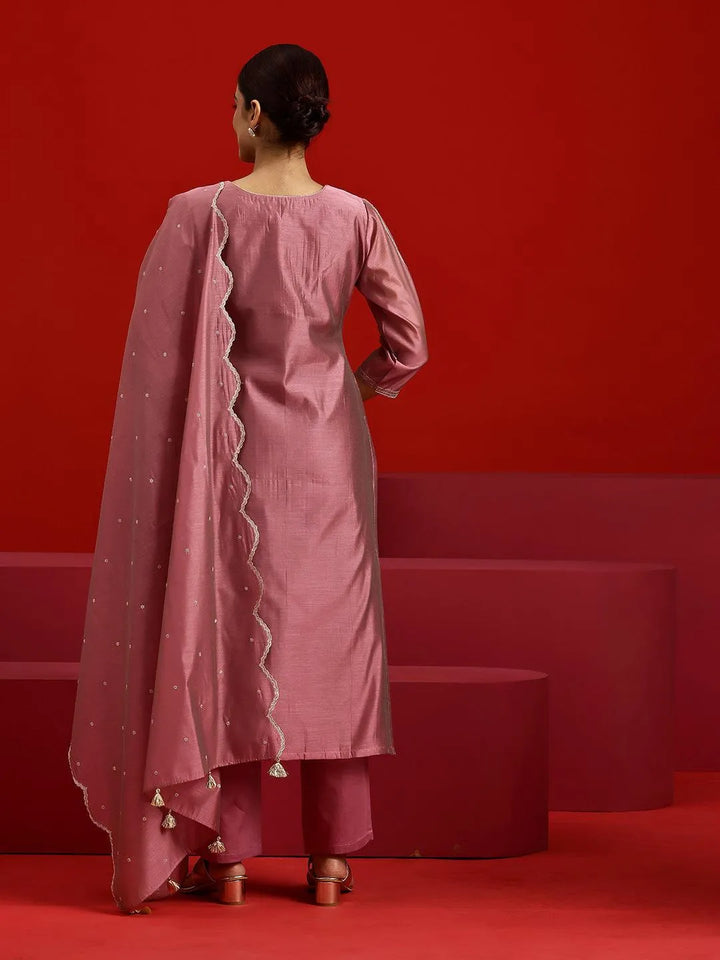Libas Art Pink Embroidered Chanderi Silk Straight Suit With Dupatta - Libas