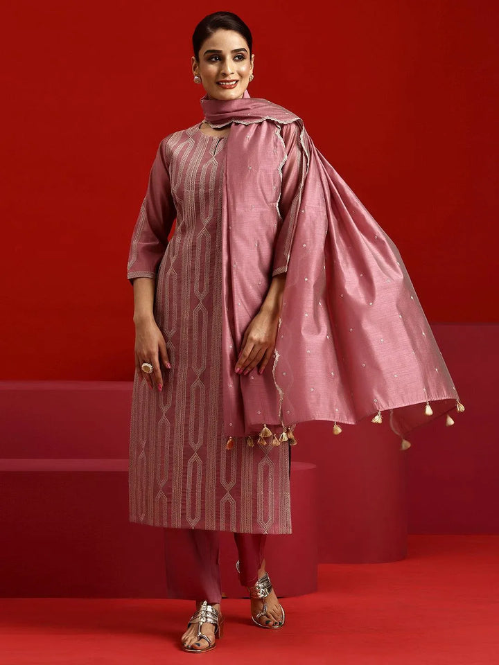 Libas Art Pink Embroidered Chanderi Silk Straight Suit With Dupatta - Libas