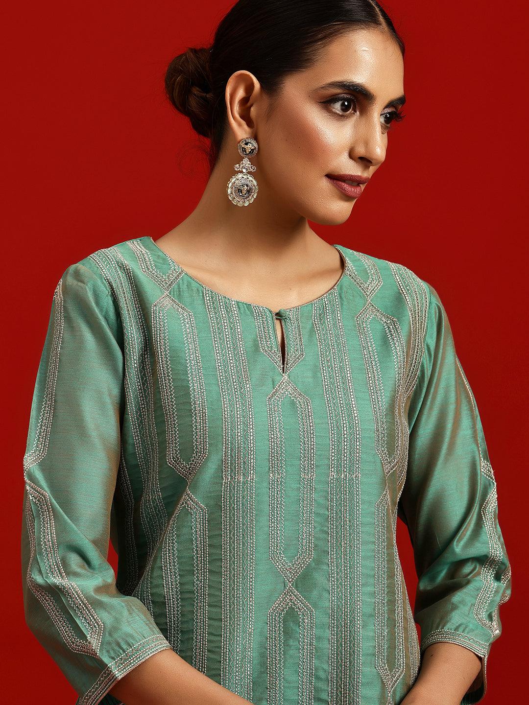 Libas Art Green Embroidered Chanderi Silk Straight Suit With Dupatta - Libas