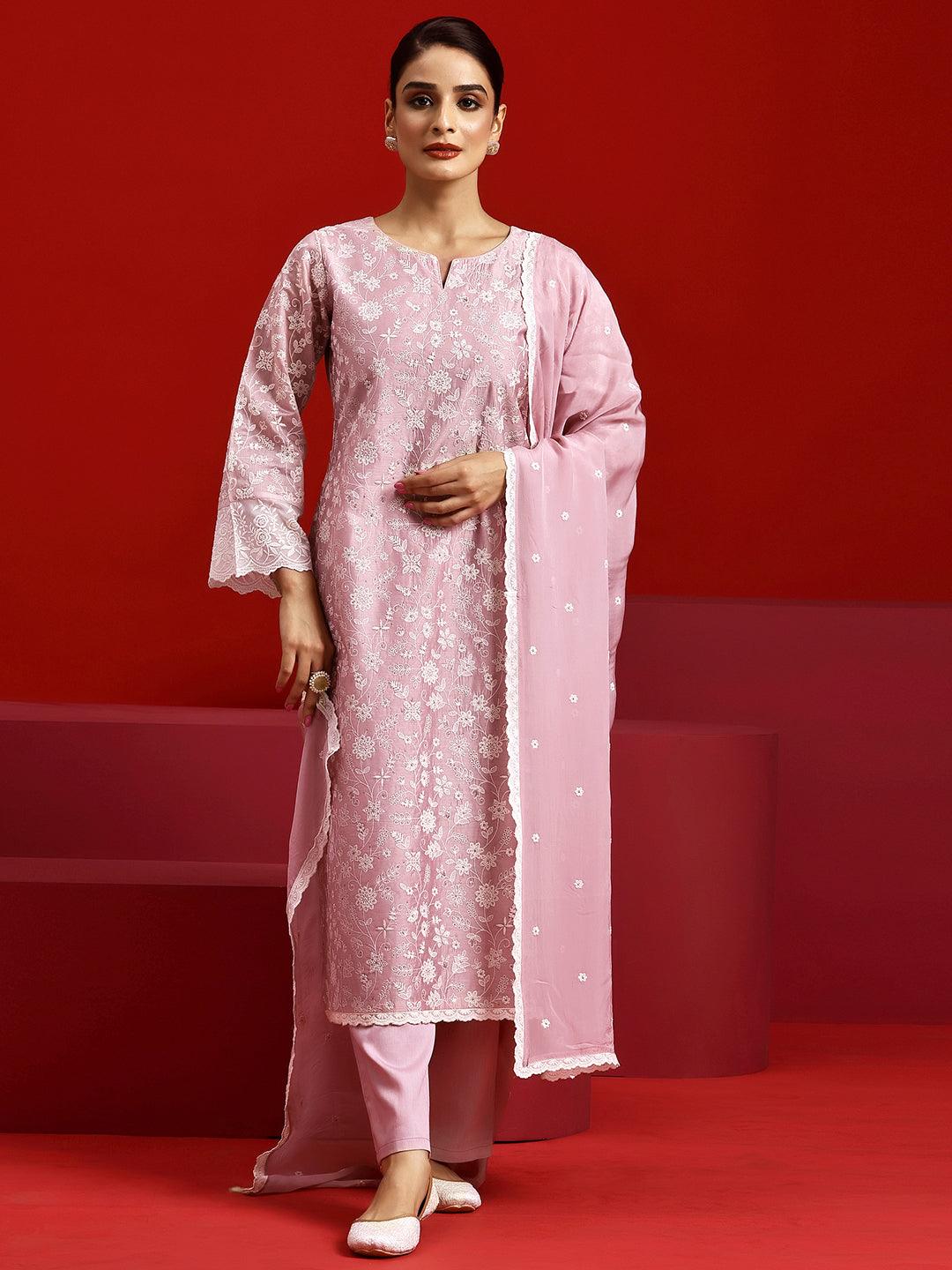Libas Art Pink Embroidered Chanderi Silk Straight Suit With Dupatta