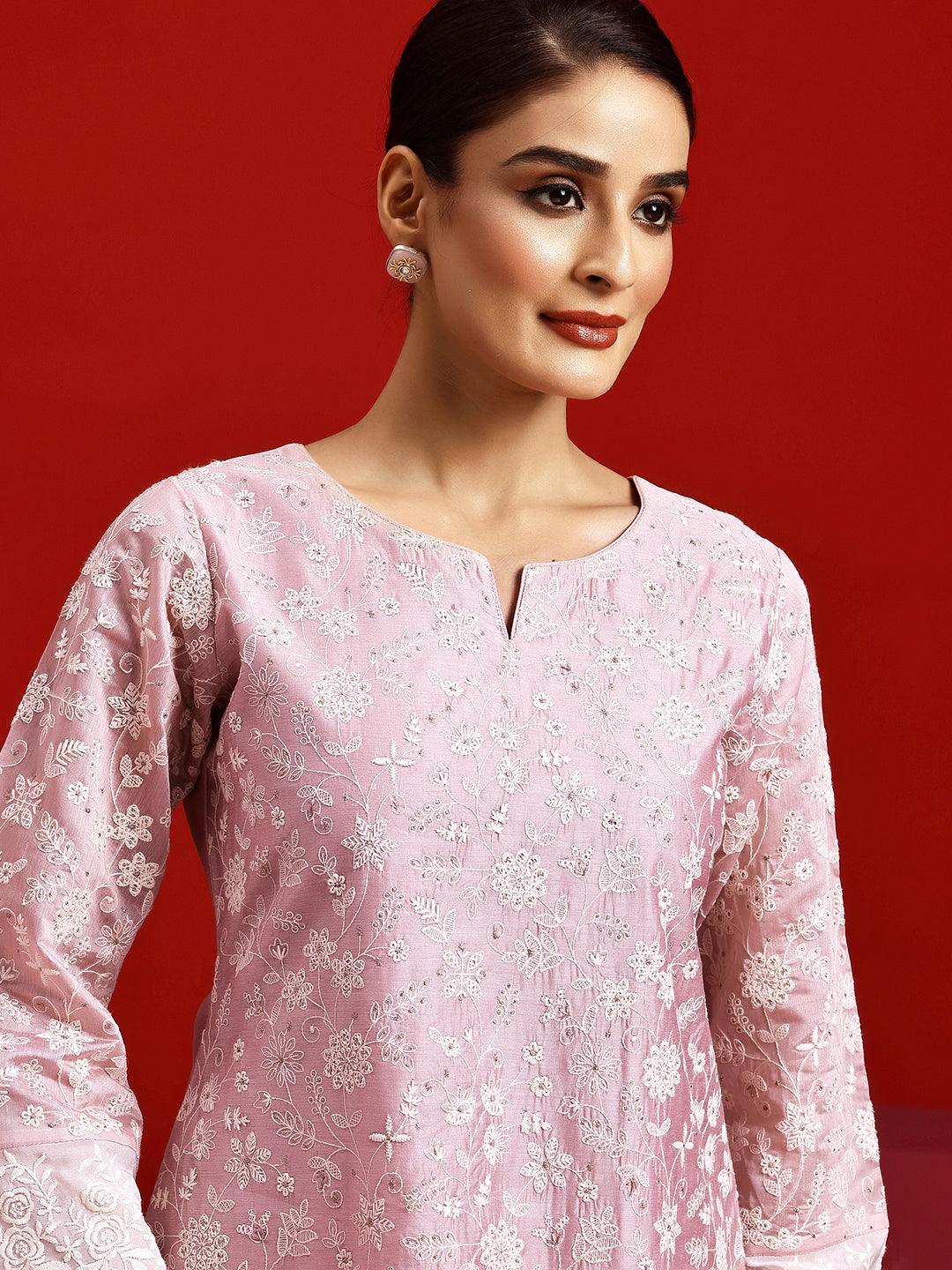 Libas Art Pink Embroidered Chanderi Silk Straight Suit With Dupatta