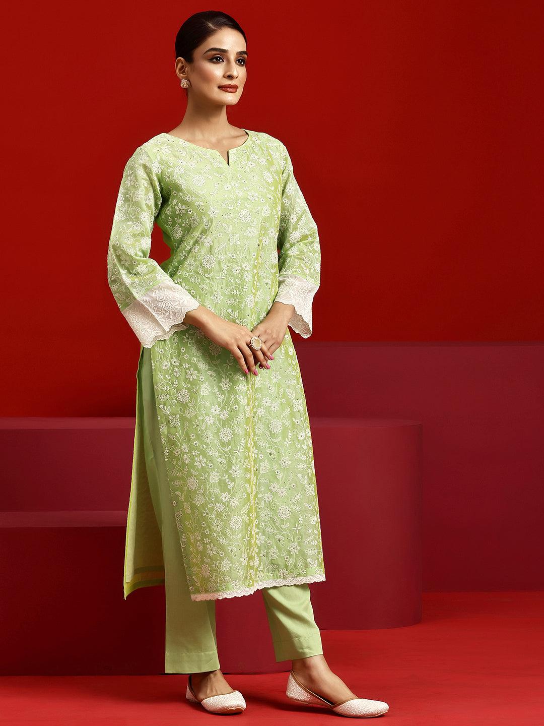 Libas Art Green Embroidered Chanderi Silk Straight Suit With Dupatta