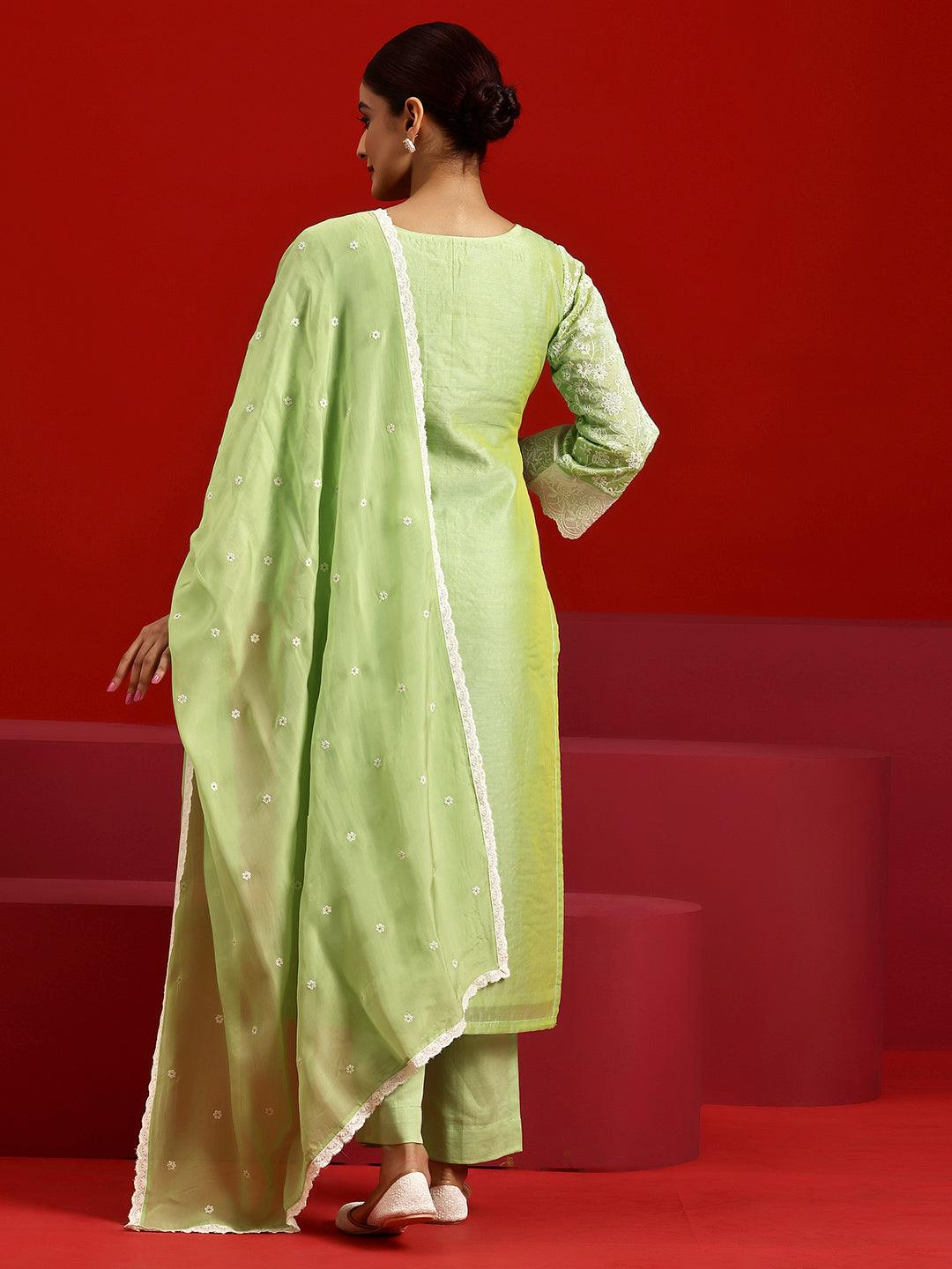 Libas Art Green Embroidered Chanderi Silk Straight Suit With Dupatta
