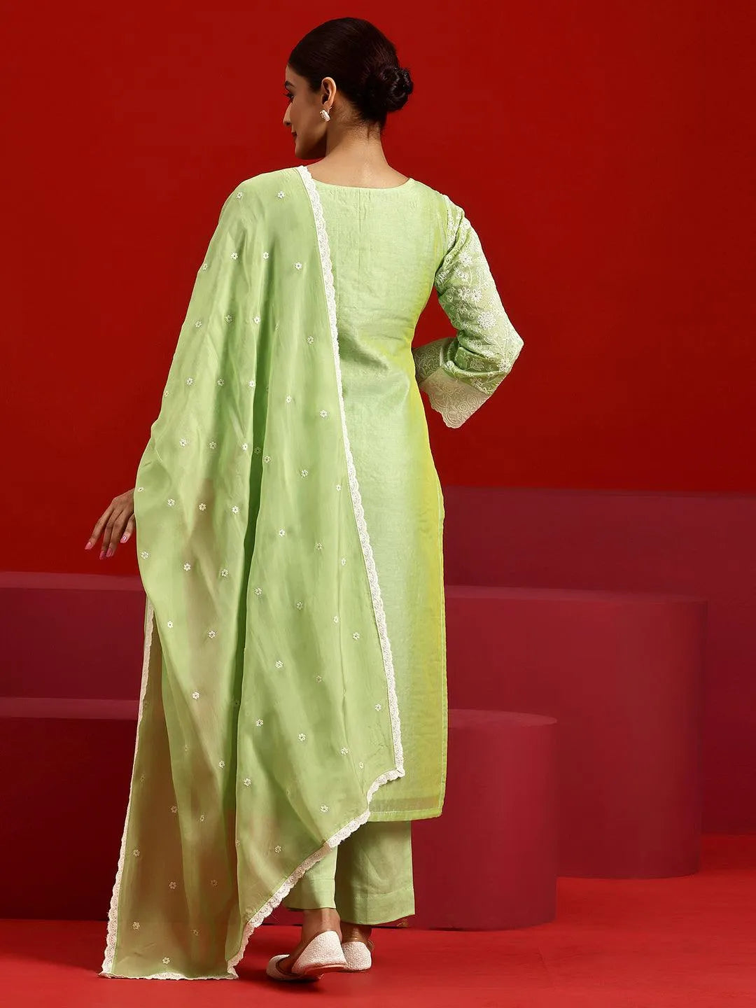 Libas Art Green Embroidered Chanderi Silk Straight Suit With Dupatta - Libas