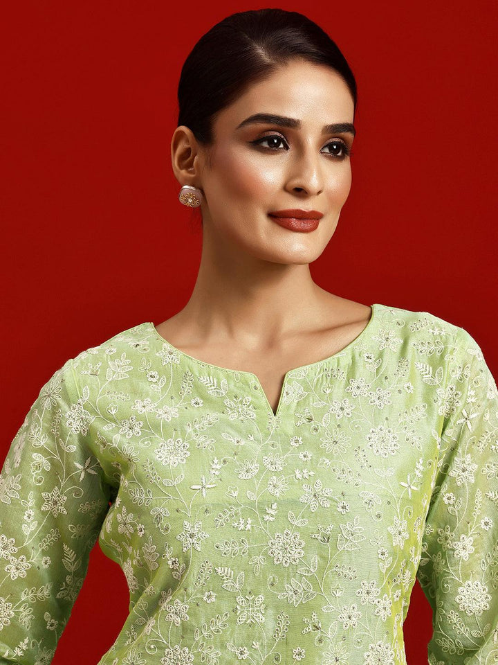 Libas Art Green Embroidered Chanderi Silk Straight Suit With Dupatta - Libas