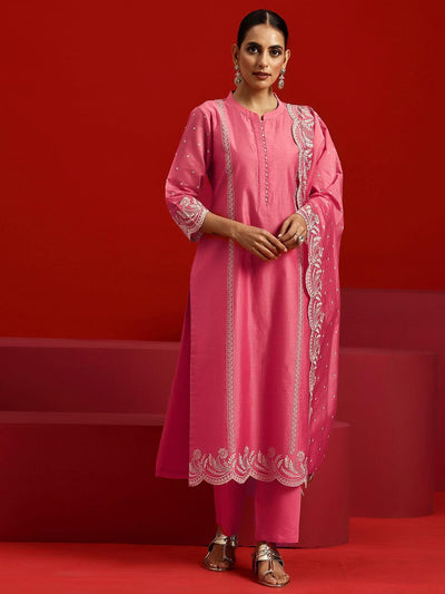 Libas Art Coral Embroidered Chanderi Silk Straight Suit With Dupatta - Libas