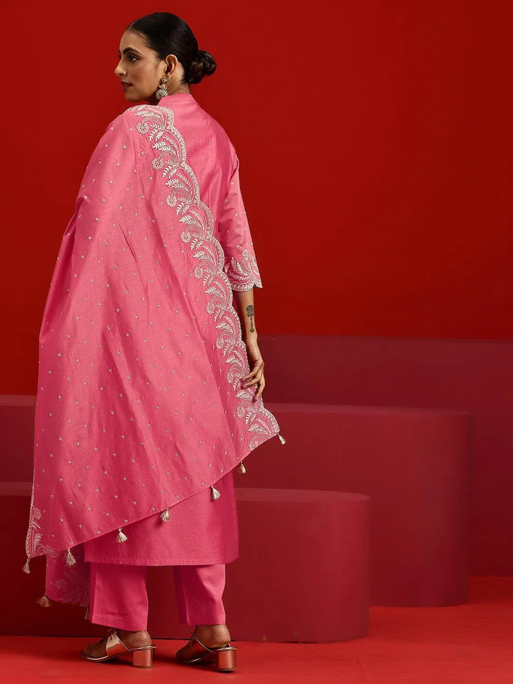 Libas Art Coral Embroidered Chanderi Silk Straight Suit With Dupatta - Libas