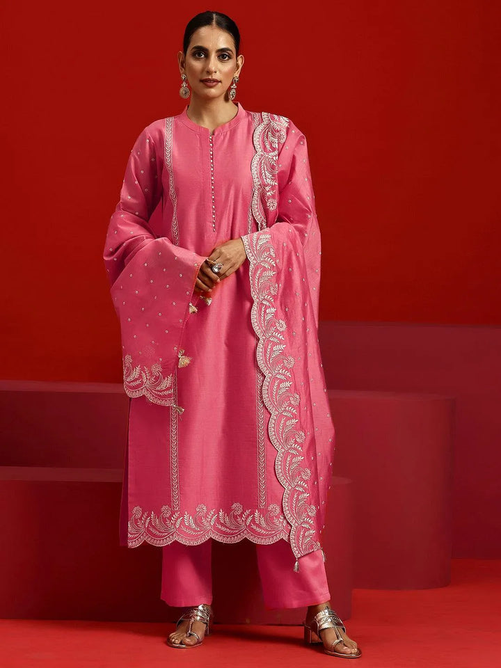 Libas Art Coral Embroidered Chanderi Silk Straight Suit With Dupatta - Libas