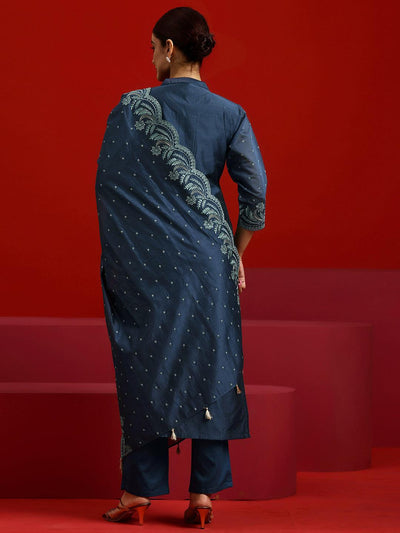 Libas Art Blue Embroidered Chanderi Silk Straight Suit With Dupatta - Libas