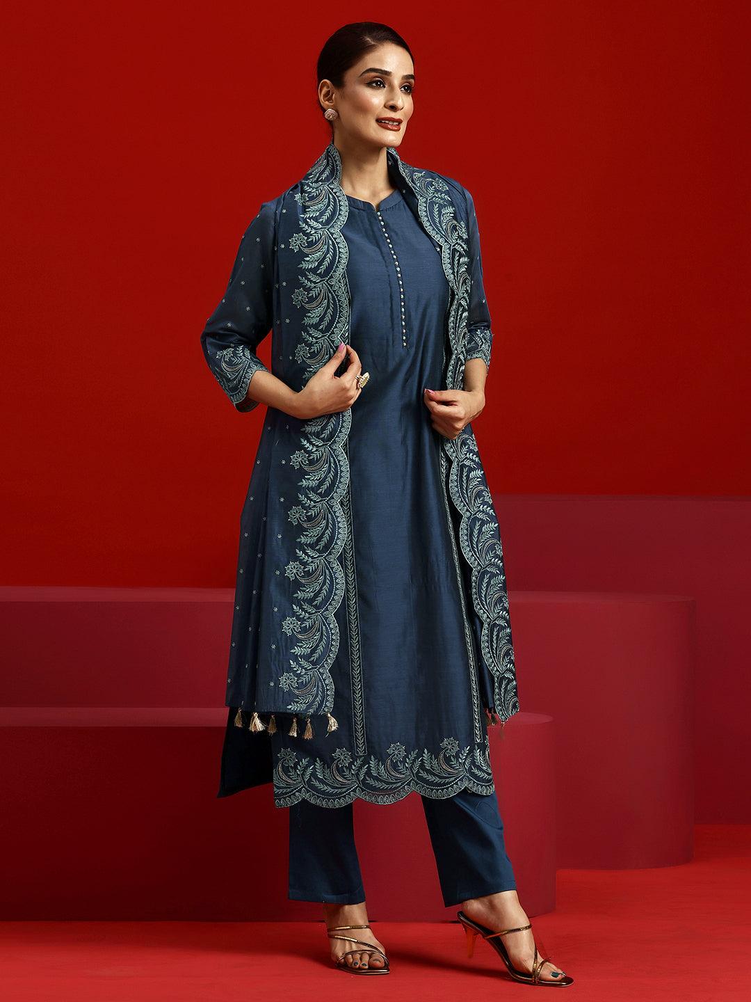 Libas Art Blue Embroidered Chanderi Silk Straight Suit With Dupatta - Libas