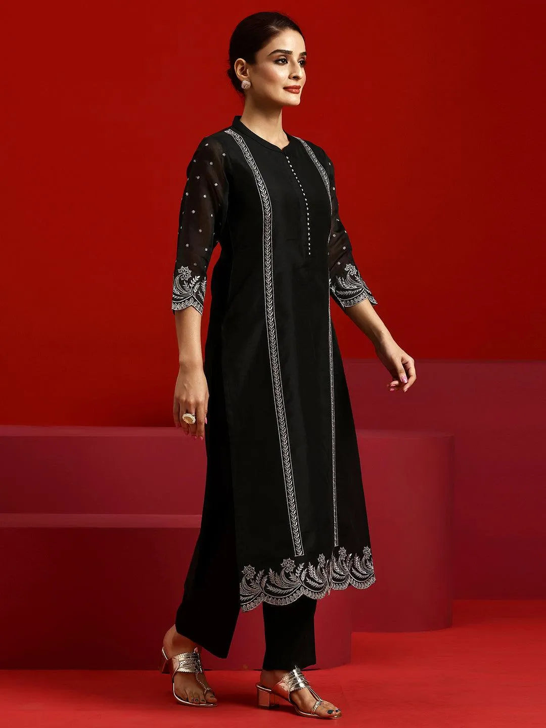 Libas Art Black Embroidered Chanderi Silk Straight Suit With Dupatta - Libas