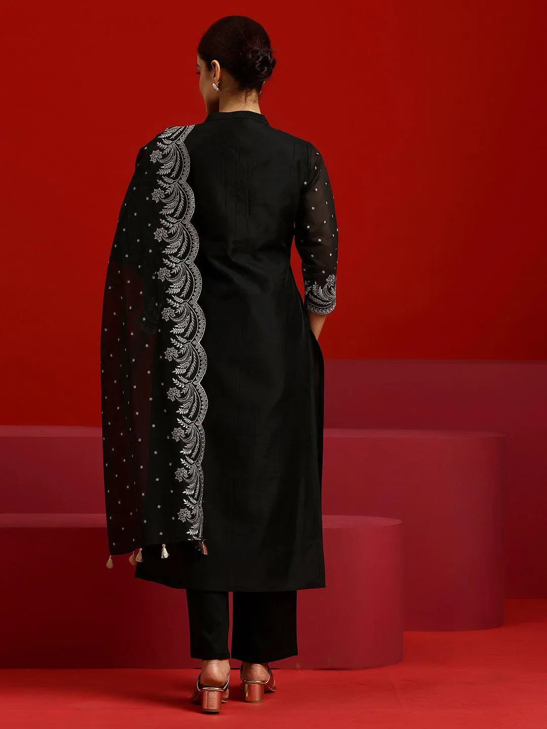 Libas Art Black Embroidered Chanderi Silk Straight Suit With Dupatta - Libas 
