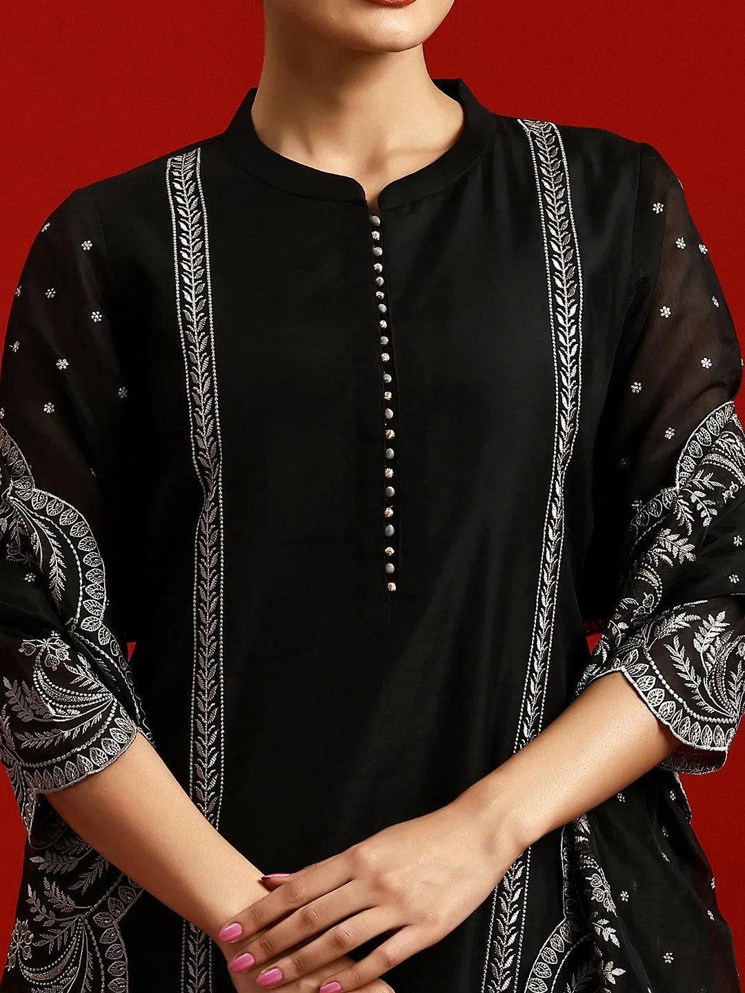 Libas Art Black Embroidered Chanderi Silk Straight Suit With Dupatta - Libas