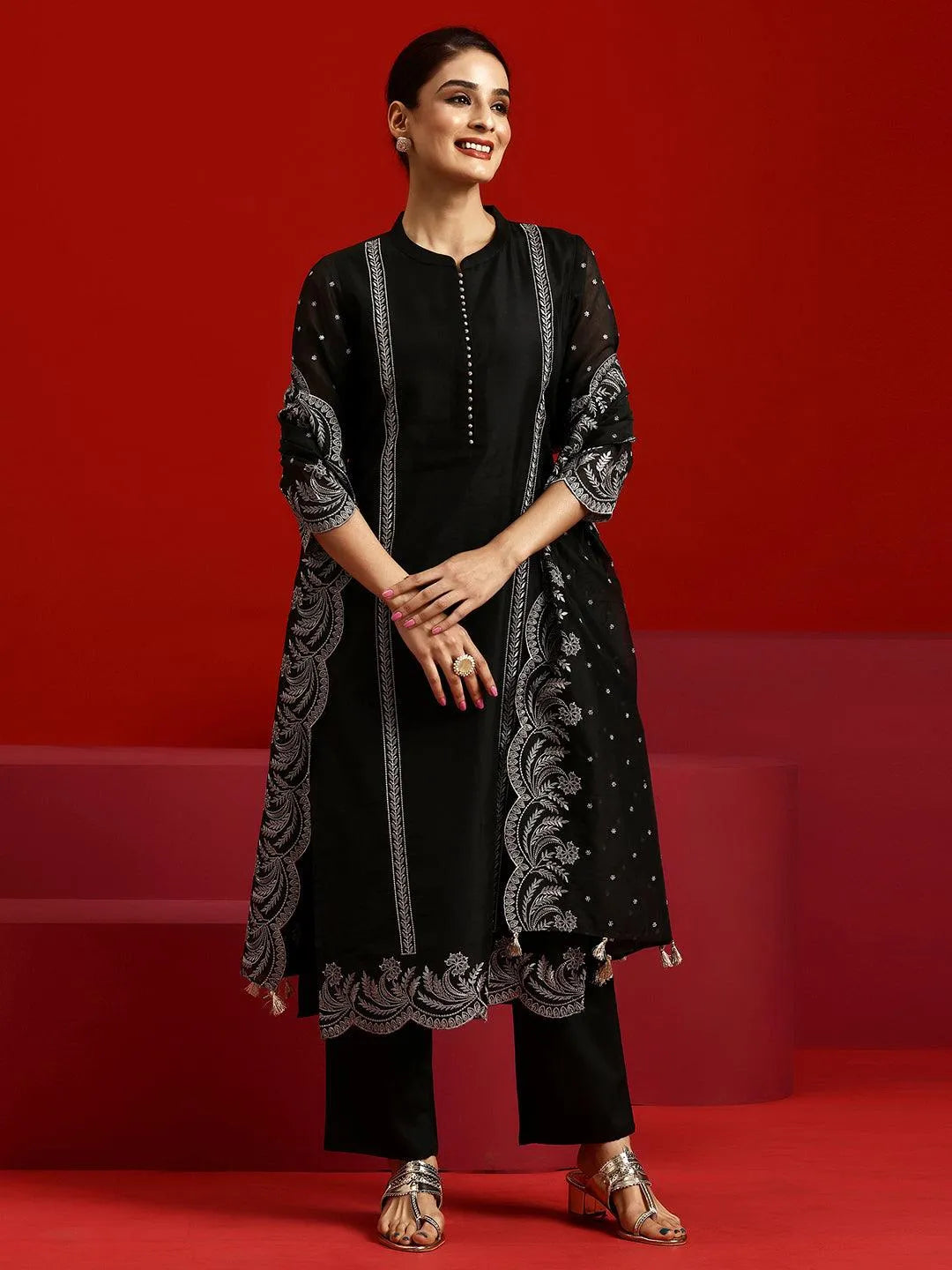 Libas Art Black Embroidered Chanderi Silk Straight Suit With Dupatta - Libas