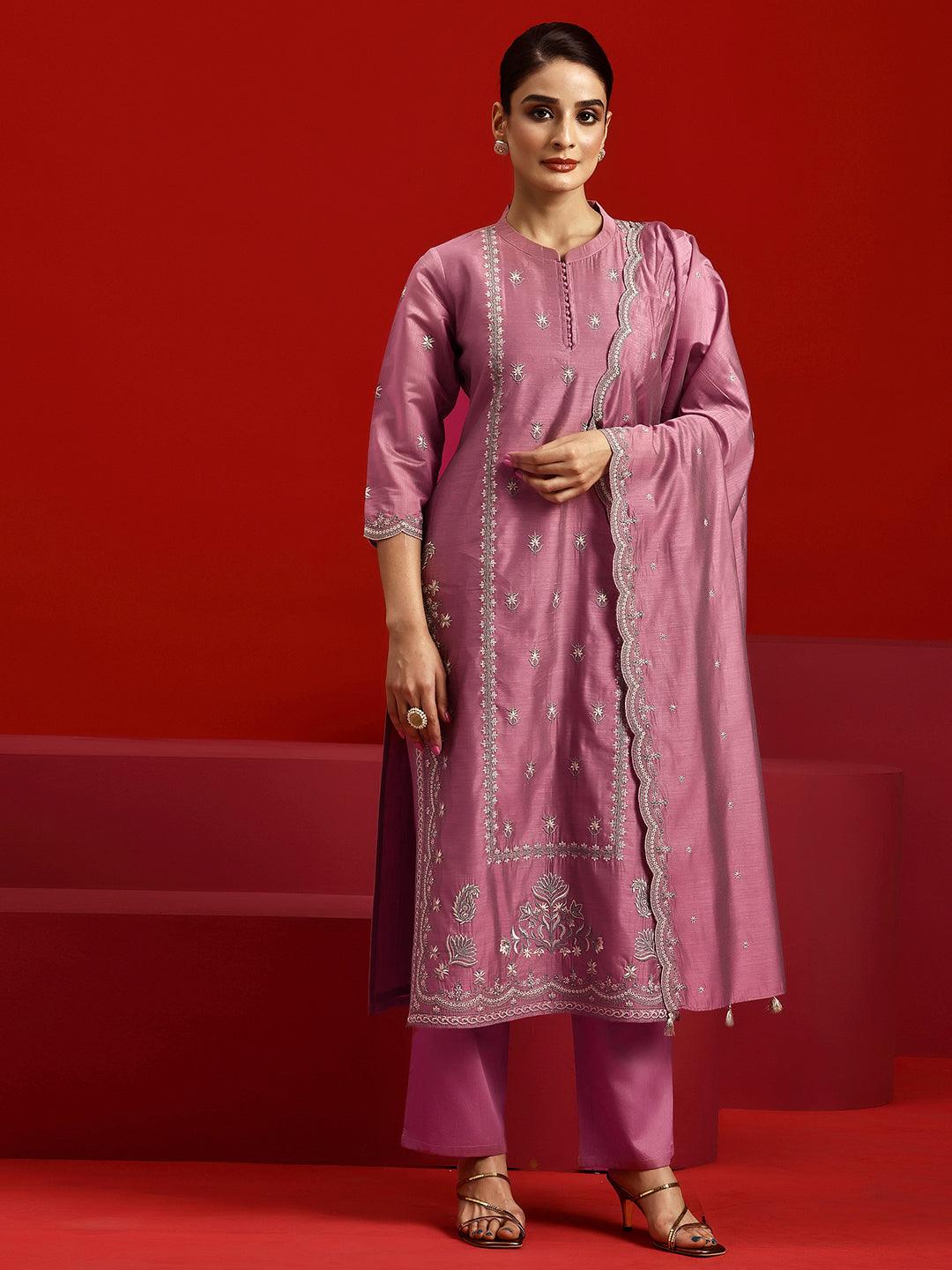 Libas Art Mauve Embroidered Chanderi Silk Straight Suit With Dupatta